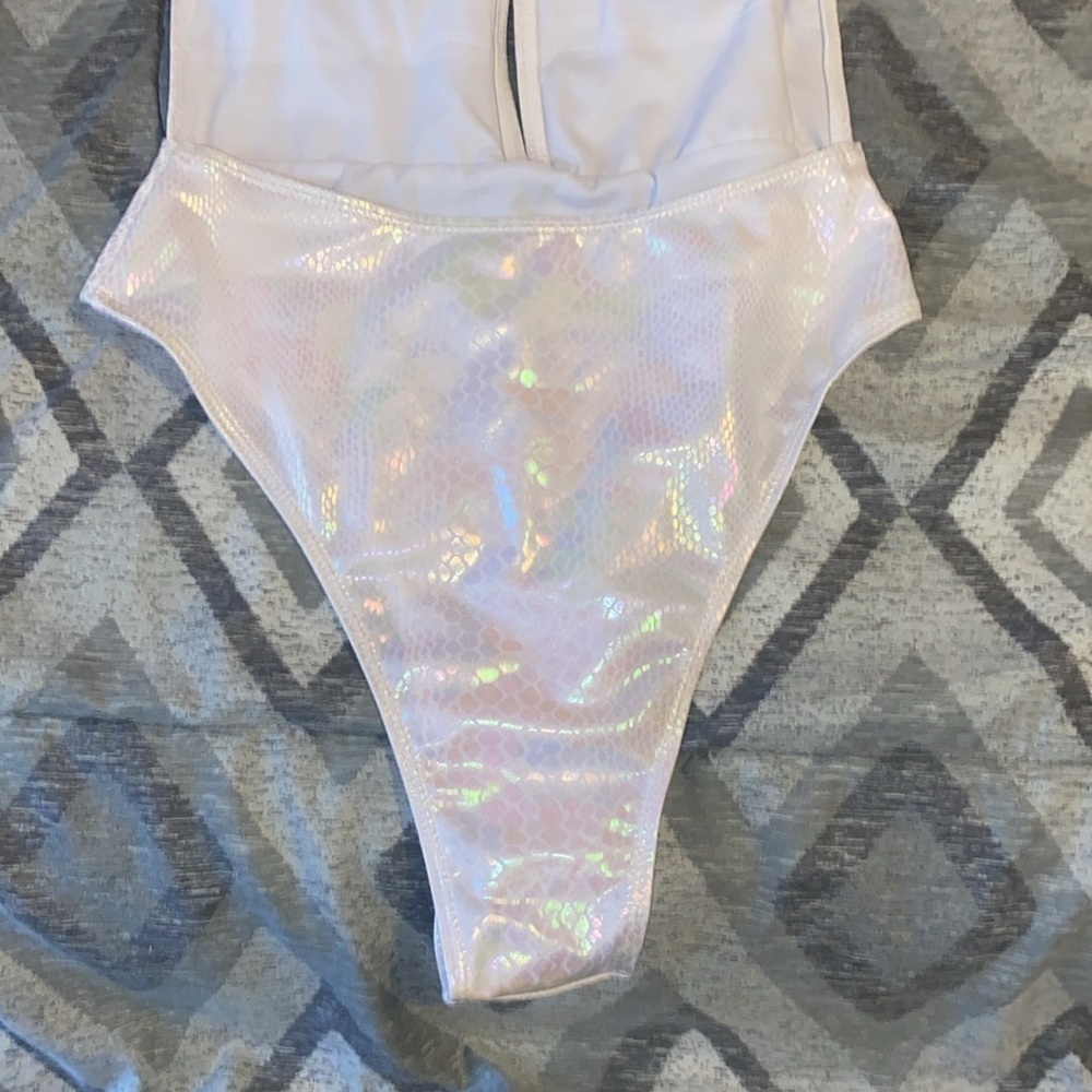 NWOT white fluorescent mermaid style halter one piece bathing suit - Picture 6 of 6